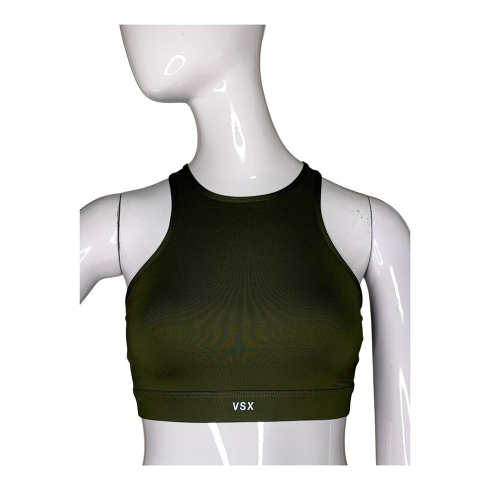 VSX NWOT Sport Bra Racer Back Unpadded Logo Print Full Lining Olive Green Size S